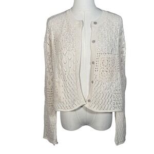 MNG Ivory Crochet Knit Cardigan Women's Small Open Knit Button Front